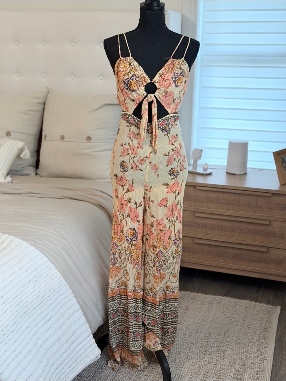 Floral Tie-Front Wide-Leg Jumpsuit - Cream/Pink